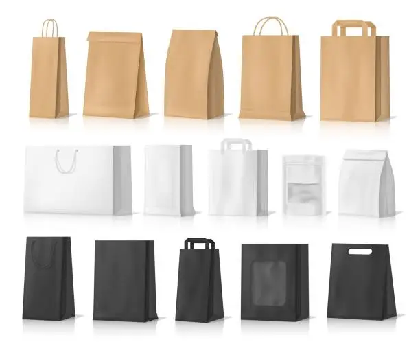 Vector illustration of Shopping, gifts and food paper bag mockups