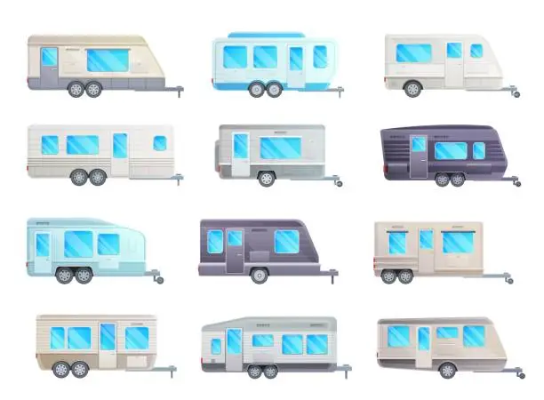 Vector illustration of Camper trailer, travel caravan, RV car and van set