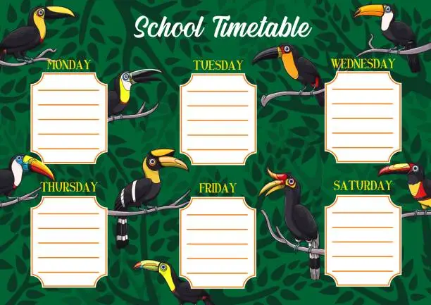 Vector illustration of School timetable or schedule template with toucans