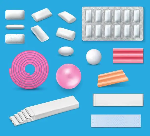 Vector illustration of Chewing bubble gum and bubblegum realistic mockups