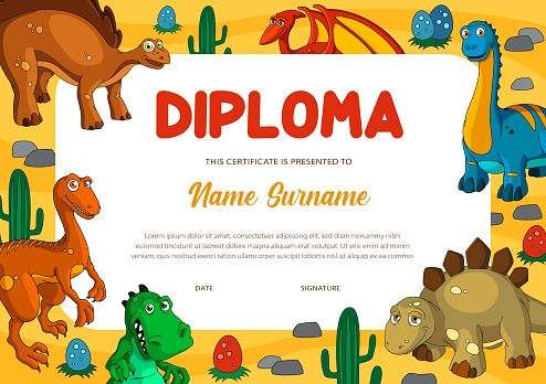 Education diploma certificate vector template with dinosaur animals. Kids award or achievement certificate of elementary school or preschool graduation with cartoon dino monsters background frame