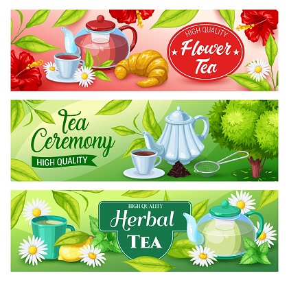 Tea beverage vector banners of green, herbal and black hot drinks. Tea cups and mug, teapots and kettle, green leaves, chamomile and hibiscus flowers, lemon, croissant, saucers and infuser spoon