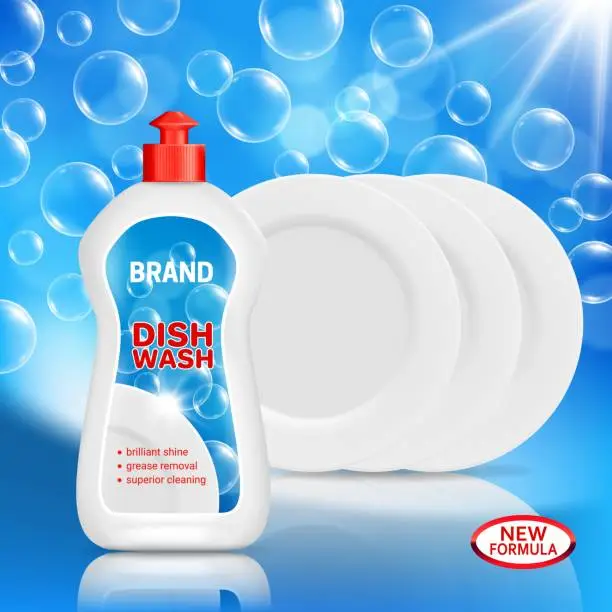 Vector illustration of Dish wash liquid soap with clean dishes mockup
