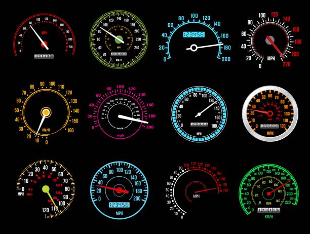 speedometers, speed indicators, vector dashboard - odometer backgrounds black car stock illustrations
