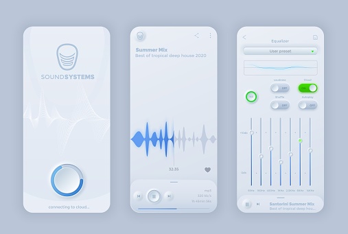Neomorphic interface for vector music player mobile application. UI recorder app play, pause, remote buttons, equalizer sound wave, music audio frequency waveform. Digital player studio graphs panel