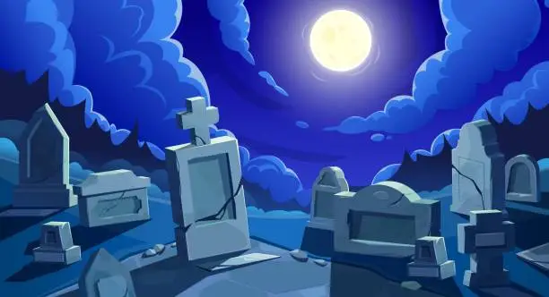 Vector illustration of Cemetery at night with full moon, vector graveyard