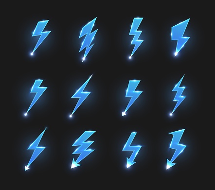 Lightnings icons isolated vector zigzag arrows, electric strike or flashes with glowing sparks. Warning sign for dangerous voltage, thunderstorm, battery charge symbols, lightnings on black background