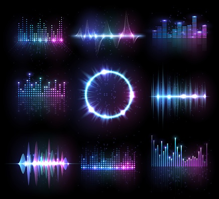 Music equalizers, isolated vector audio or radio waves, sound frequency lines and circle. Digital player display waveform, hud technology for tune bar, soundwave recorder signal. Song studio pulse set