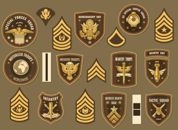 United States army military vector officer chevron United States army military vector chevrons for officer uniform. Special forces and tactic squad, marksmanship unit, us special sniper, worldwide motorized and infantry troops. Rank stripes and eagles sergeant badge stock illustrations