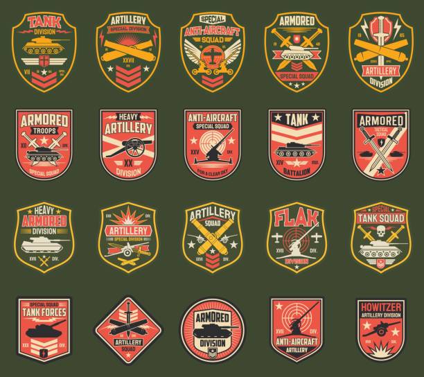 USA military chevrons or stripes vector icons USA military chevrons vector icons, stripes for tank division, artillery and anti-aircraft special squad, armored troops, flak and howitzer. Isolated US army insignia with tanks, cannons or swords set combat infantry badge stock illustrations