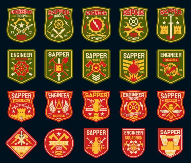 Sapper or combat engineer military patches, badges Sapper or combat engineer vector military patches and army badges. Military engineering isolated icons with castle, wings, shovel and axe, hand grenade, sword and arrow, rank, star and cogwheel combat infantry badge stock illustrations