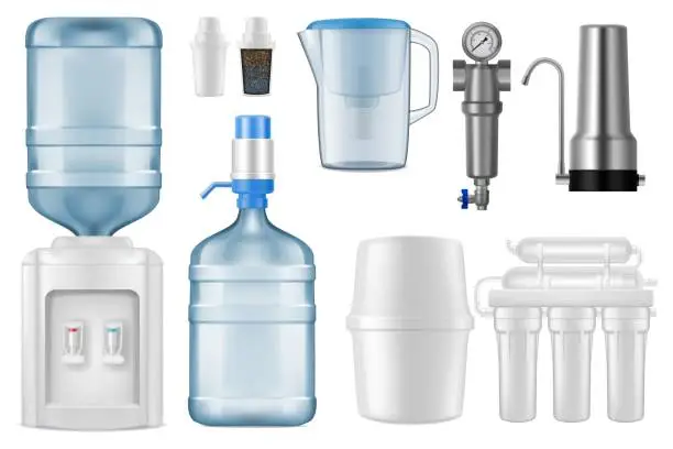 Vector illustration of Water filter realistic mockups, filtration system