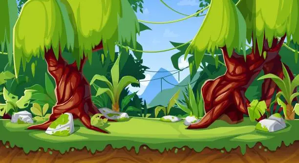 Vector illustration of Cartoon game interface, vector forest or jungle