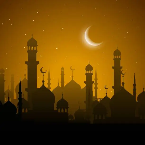 Vector illustration of Arabian city, Ramadan Kareem holiday sunset, night