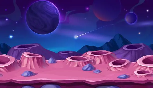 Vector illustration of Cartoon planet surface with craters, space scene