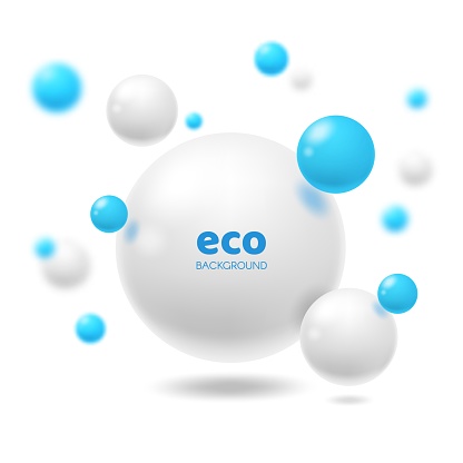 Realistic balls eco background with 3d spheres. Abstract vector design for ecology and environment theme. White and blue glossy balls or bubbles with shadows and light reflections, geometric shapes