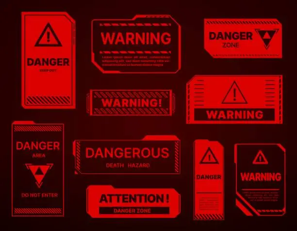 Vector illustration of HUD danger zone, warning and alert attention signs