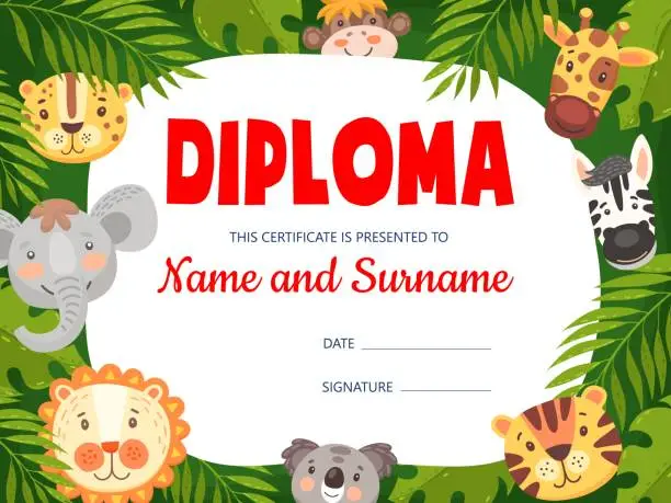Vector illustration of Kids diploma with cute cartoon animals, frame