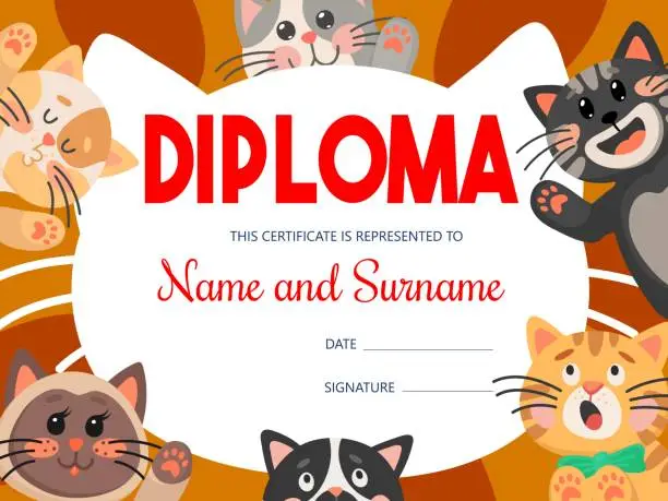 Vector illustration of Kids diploma with funny cats or kittens, frame