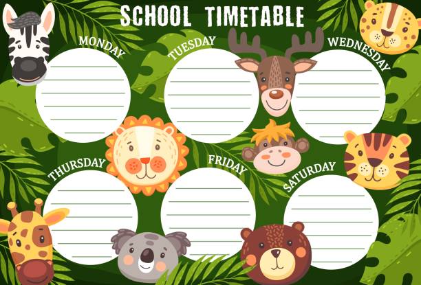 stundenplan der schule mit lustigen tieren. - rainforest palm tree leaf plant stock-grafiken, -clipart, -cartoons und -symbole