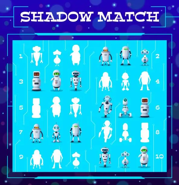 Vector illustration of Find shadow of robots vector kids game and puzzle