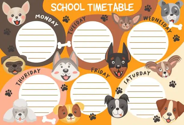 Vector illustration of School timetable schedule with dogs and puppies
