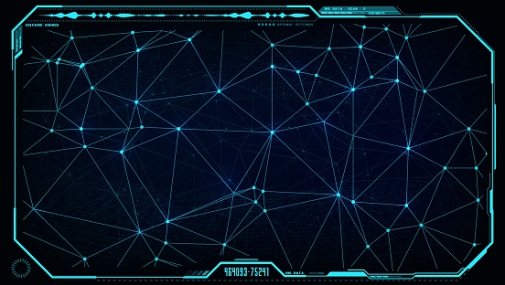 Futuristic UI HUD big data network in digital display or screen monitor interface frame, vector business technology. Head up display with global network structure with connections of neon lines, dots