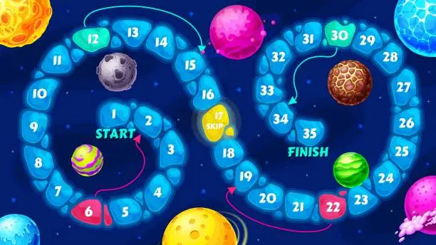 Vector illustration of Galaxy kids board maze, space planets step game
