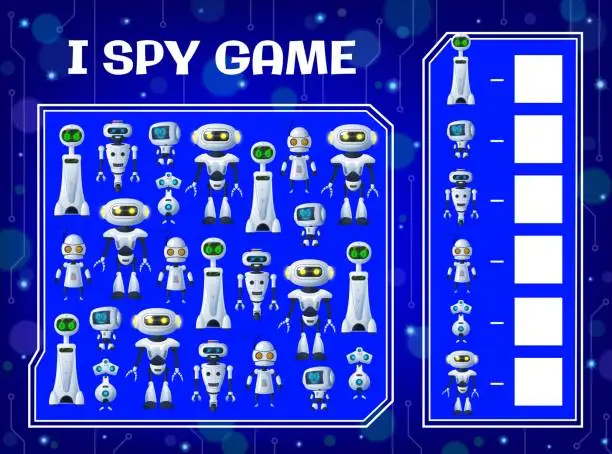 Vector illustration of I spy kids game with cartoon robots and droids