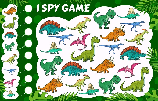 Cartoon dinosaurs, I spy kids game with dino reptiles, vector cartoon find and match board game. Kids tabletop puzzle or I spy game with Jurassic t-rex tyrannosaurus, pterodactyl and brontosaurus