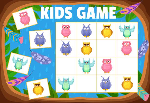 Kids sudoku game cartoon owls and owlets, tabletop Kids sudoku game cartoon owls and owlets, tabletop logic puzzle, vector. Sudoku board game for children with funny owls, owlets and eagle-owl birds with feathers in tree hollow, kids activity game sudoku variants stock illustrations