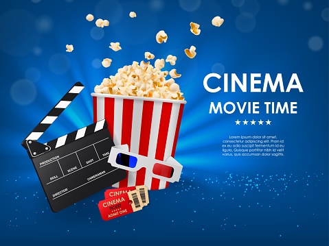 Online movie theater. Cinema time poster, Internet video streaming service or cinema hall realistic vector banner with movie clapperboard and bucket of popcorn, cinema admit one ticket and 3d glasses