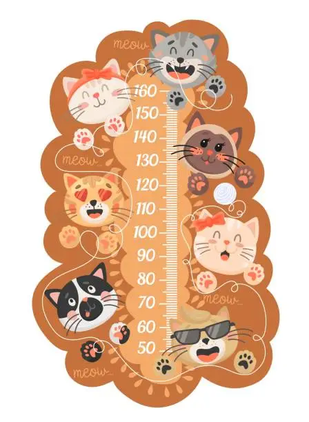 Vector illustration of Cartoon kids height chart, funny cats and kittens