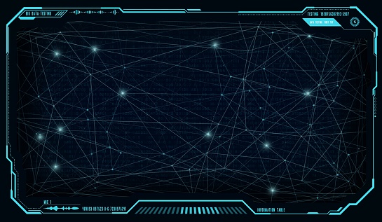 Futuristic UI HUD big data network, vector business technology. Digital display or screen monitor interface with global network connections of neon glowing lines and dots on background of data flow