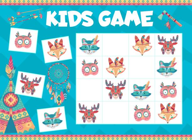 Kids sudoku game, cartoon Indian bear, rabbit, fox Kids sudoku game with cartoon Indian bear, rabbit and fox, owl and deer animals, vector. Sudoku tabletop board game or logic puzzle with Indian tribal boho, dream catcher feathers, tomahawk and wigwam sudoku variants stock illustrations