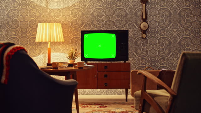 LD Living room and an old TV set turned on showing a green screen