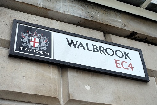 London, England, UK - February 10th 2024: City of London sign for Walbrook, EC4. Walbrook is a City ward and street named after the River Walbrook.
