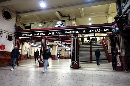 London, England, UK - February 10th 2024: Sign at Baker Street Station for Wembley, Harrow, Uxbridge, Watford and Amersham