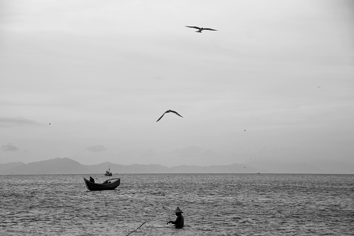 old wooden boat art black and white photography sea ocean landscape quiet view.