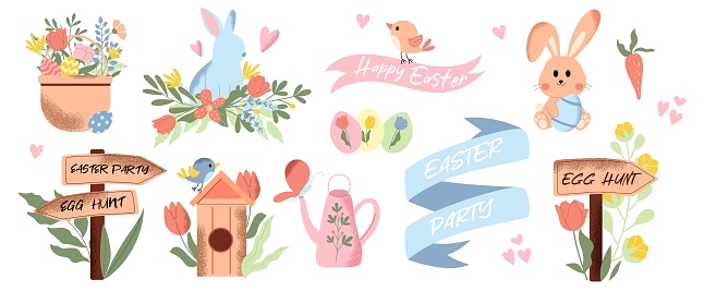 Easter collection of flowers, eggs, bunny, ribbons, basket, birdhouse and direction signs. Handdrawn vector set with texture.