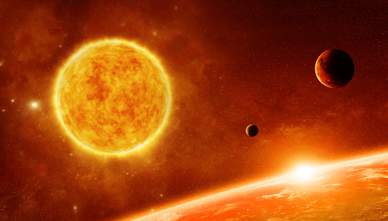 A mesmerizing depiction of planets orbiting close to a star, with its fiery surface and radiant solar flares capturing the energy of a dynamic solar system.