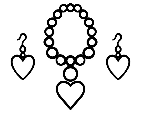 Set of decorations. Sketch. Collection of vector illustrations. A pair of heart earrings and a beaded necklace with a heart pendant. Romantic jewelry. Outline on isolated background. Coloring book for children. Fashionable jewelry. Idea for web design.