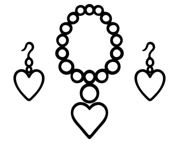 Vector illustration of Set of decorations. A pair of heart earrings and a beaded necklace with a heart pendant.