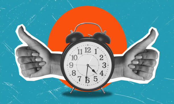 istock Art collage, thumb and alarm clock on blue background. 2008027237