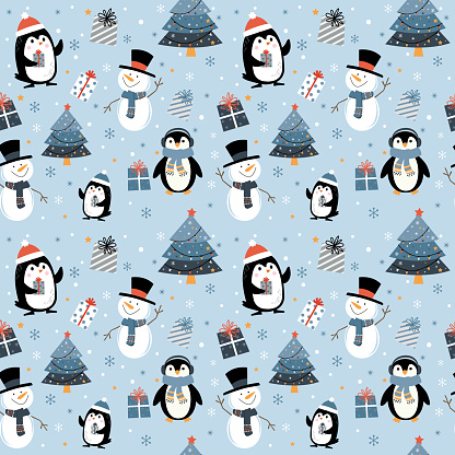 Seamless Christmas background with cute characters