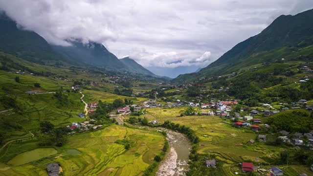 Aerial Time lapse of rice field in Sapa village, Vietnam