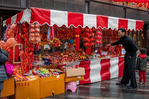 London. UK- 02.11.2024. A stall selling colourful Chinese New Year ornaments and decorations in China Town during the Luna New Year celebration.