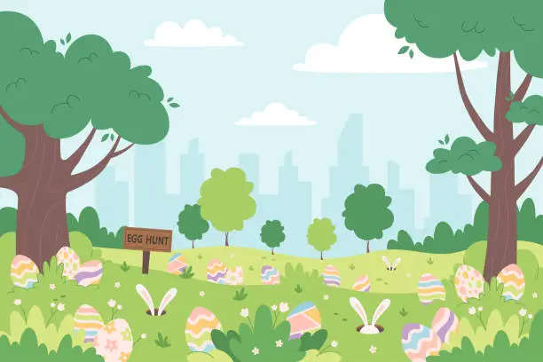 Vector illustration of Spring meadow with hidden eggs for Easter egg hunt. Easter Event Celebration in spring city park. Holiday tradition game for children. Vector illustration in flat style
