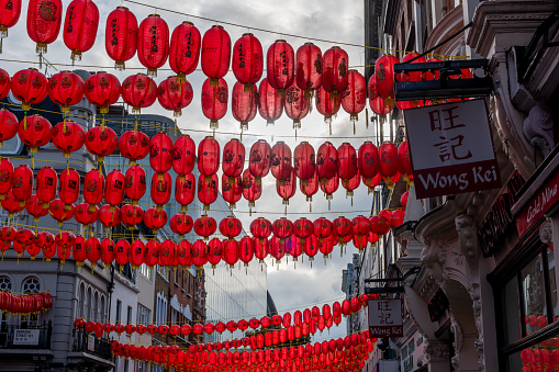 London. UK- 02.11.2024. Overhead lanterns decorations for the Chinese New Year celebration in China Town.