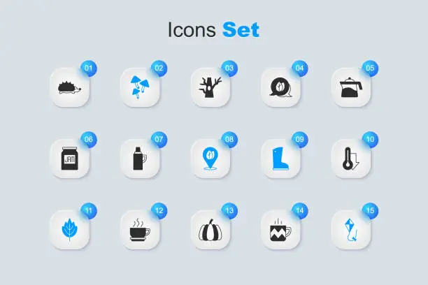 Vector illustration of Set Cup of tea, Thermos container, Mushroom, Leaf, Kite, Thermometer, Hedgehog and Location with leaf icon. Vector